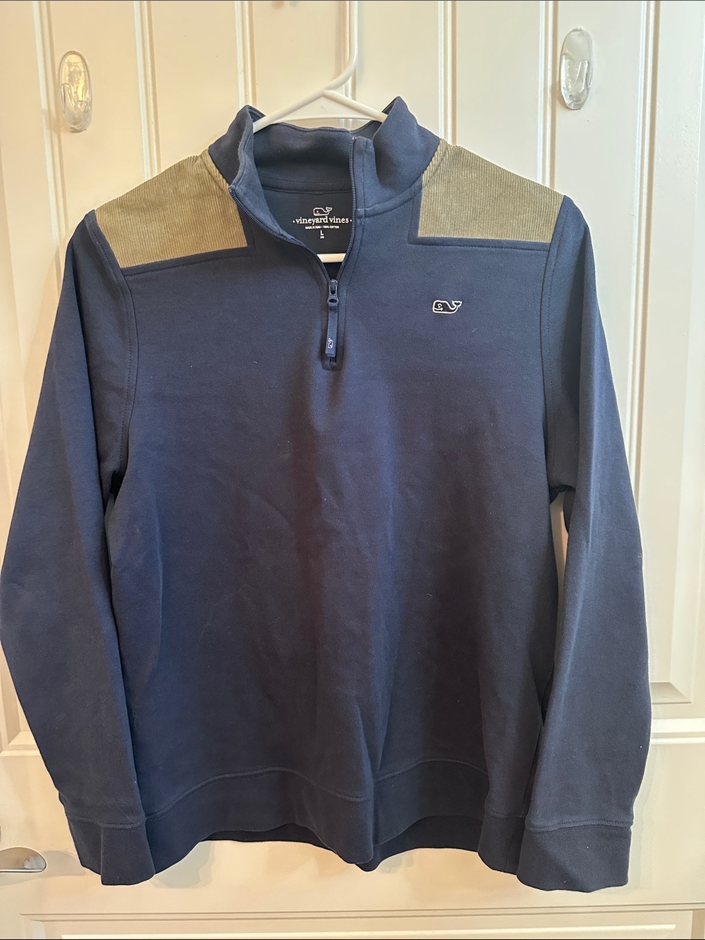 Vineyard Vines Boys Navy Half-Zip Sweater with Olive Shoulder Panels